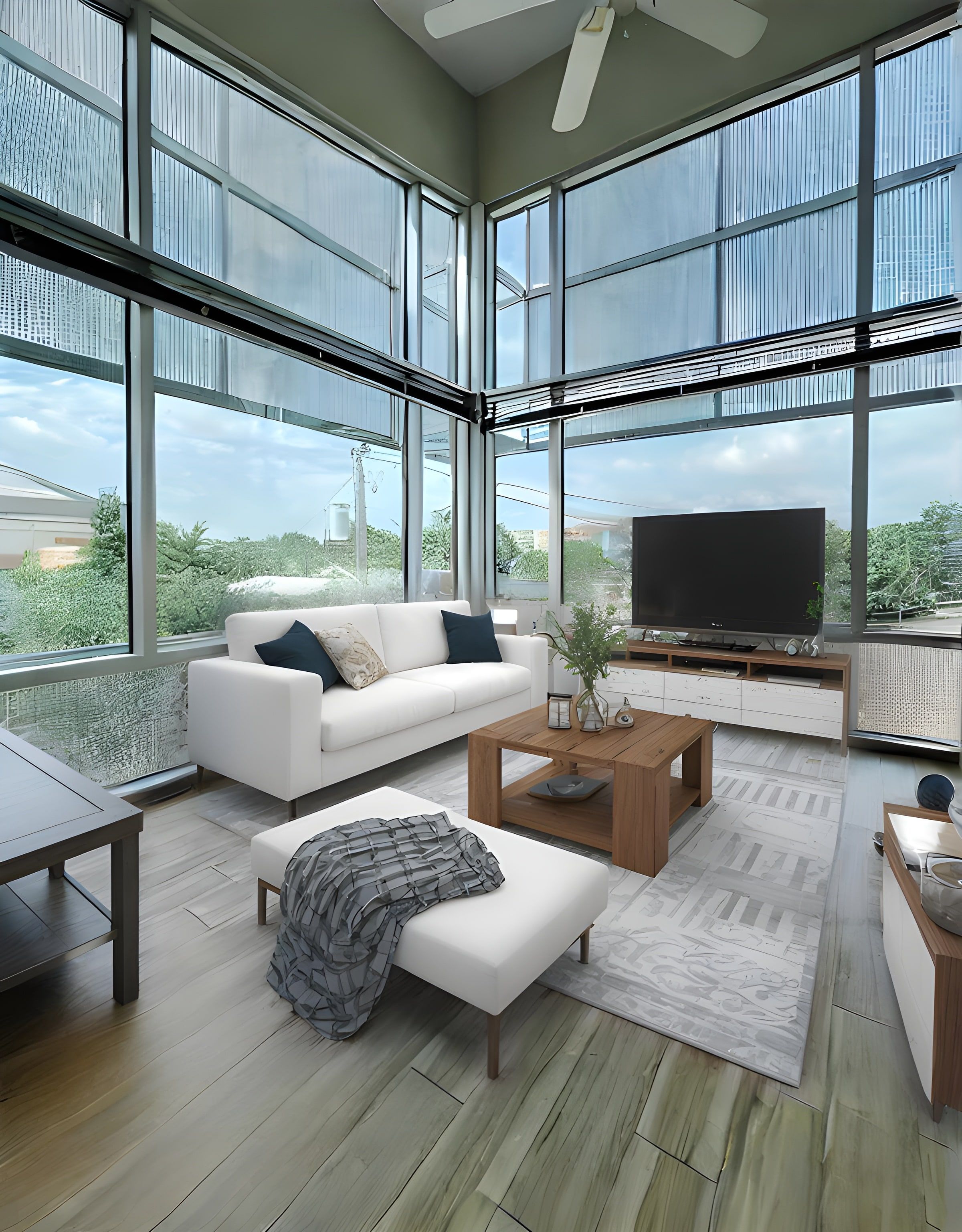 Top-floor living room at 17 Hundred with two-story corner windows